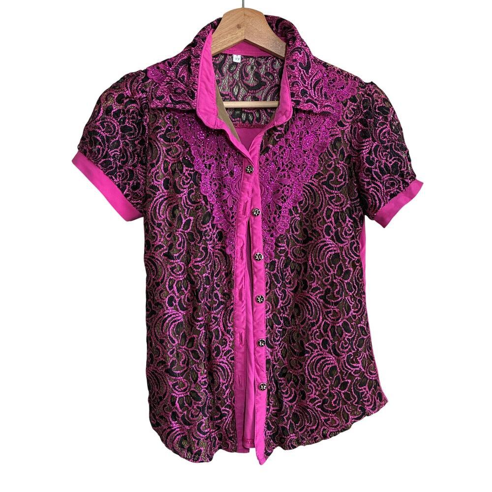 pink black lace cowgirl barbie front button short sleeved shirt women's S
